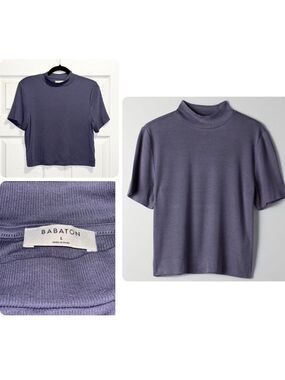 Aritzia Babaton Gonzalo Mockneck Fitted Crop Tee Stretchy Rib Knit Blue Large